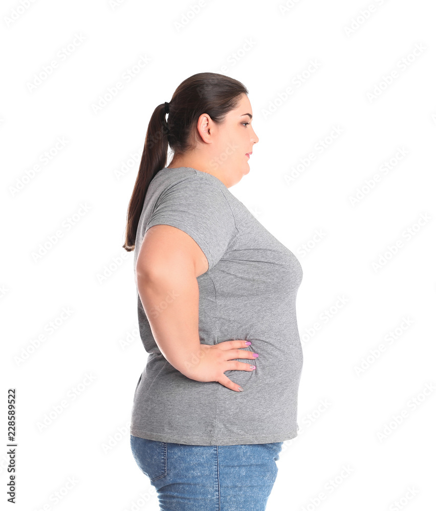 Overweight woman before weight loss on white background Overweight woman before weight loss on white background