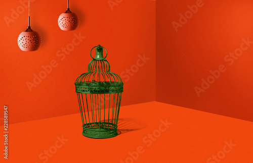 Copper, Green cage in heavy orange color. Travel concept, minimal style. An abstract theme, a modern approach to design. Arranging the office, flat. photo