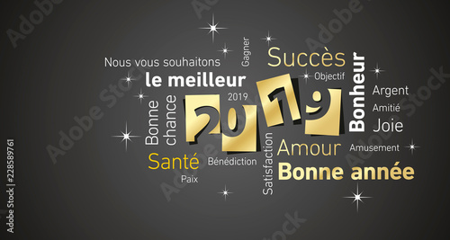 Happy New Year 2019 negative space French cloud text gold white black vector