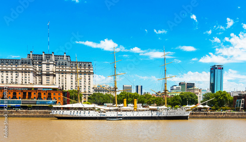 View of Puerto Madero with a Barque, Buenos Aires, Argentina. Copy space for text.