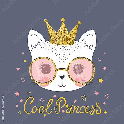 Cute cat girl face with golden crown, sunglasses. Cool Princess slogan. Vector illustration for children print design, kids t-shirt, baby wear