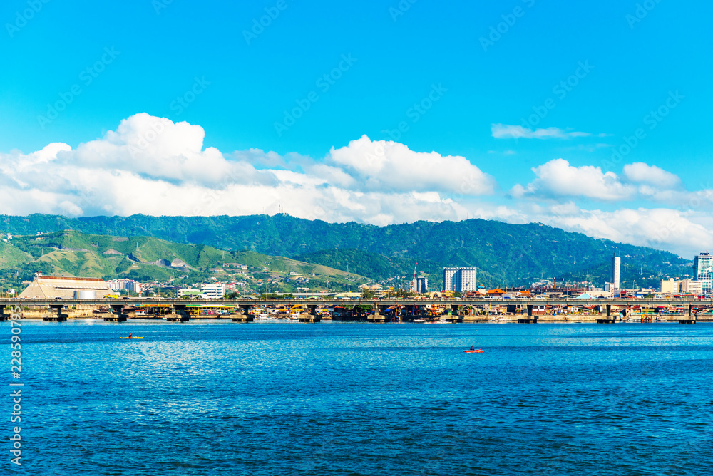 View of the port in Cebu, Philippines. Copy space for text.