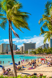 HONOLULU, HAWAII - FEBRUARY 16, 2018: View of the Waikiki beach. Copy space for text. Vertical.
