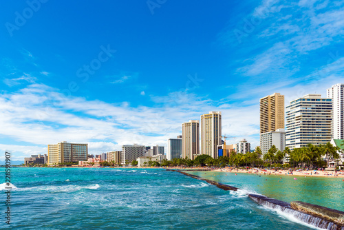 View of Waikiki beach in Honolulu, Hawaii. Copy space for text. © ggfoto