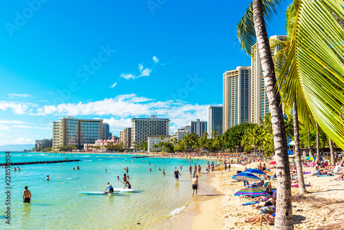 HONOLULU, HAWAII - FEBRUARY 16, 2018: View of the Waikiki beach. Copy space for text. photo