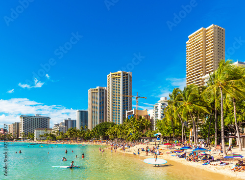 HONOLULU, HAWAII - FEBRUARY 16, 2018: View of the Waikiki beach. Copy space for text. © ggfoto