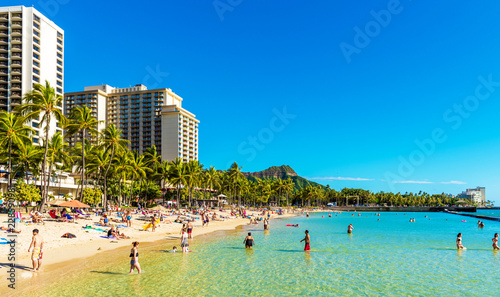 HONOLULU, HAWAII - FEBRUARY 16, 2018: View of the Waikiki beach. Copy space for text.