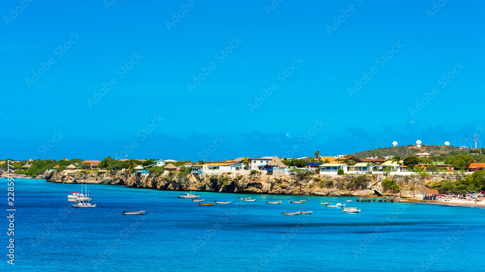 View of the coastline in Playa Lagun, Curacao, Netherlands. Copy space for text.