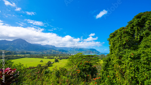 View of the mountain landscape, Kauai, Hawaii, USA. Copy space for text.