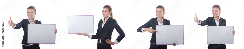 Woman businesswoman with blank board on white Woman businesswoman with blank board on white