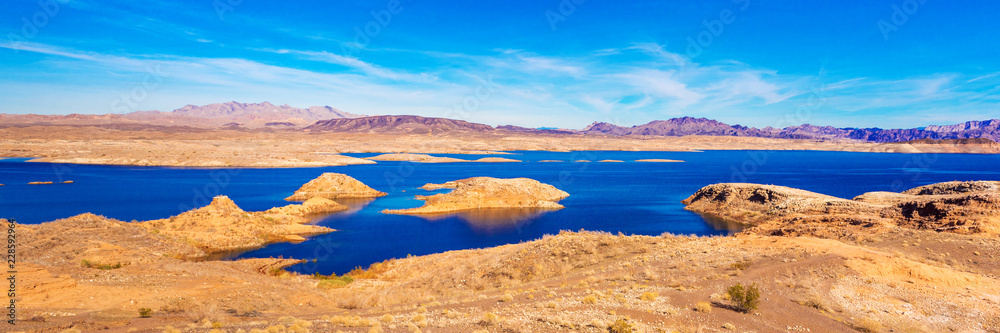 Lake Mead and desert area, Nevada, USA. Copy space for text.