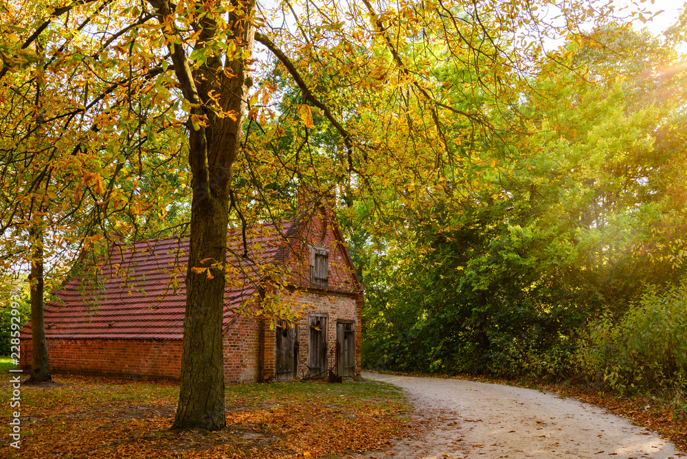 Tranquil scenery of small rough old brick house, park and street on rural area in autumn without people and sunset light. Tranquil scenery of small rough old brick house, park and street on rural area in autumn without people and sunset light.