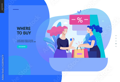 Business series, color 2 - where to buy - modern flat vector illustration concept of a customer and a shop assistant. Selling interaction and purchasing process. Creative landing page design template