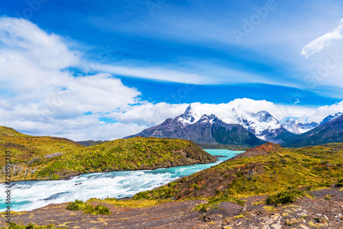 Lake Pehoe  Torres del Paine National Park  Patagonia  Chile  South America. Copy space for text.