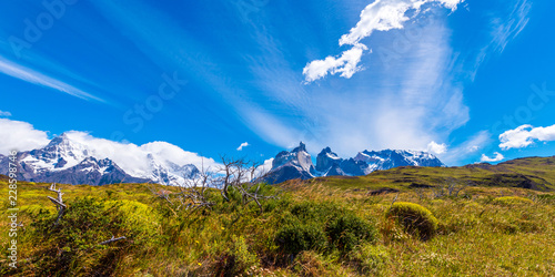 View of the mountain landscape in the national park Torres del Paine  Patagonia  Chile  South America. Copy space for text.