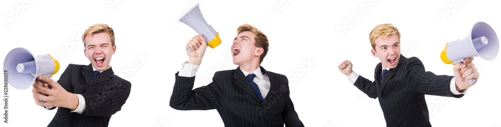 Young man with loudspeaker on white Young man with loudspeaker on white