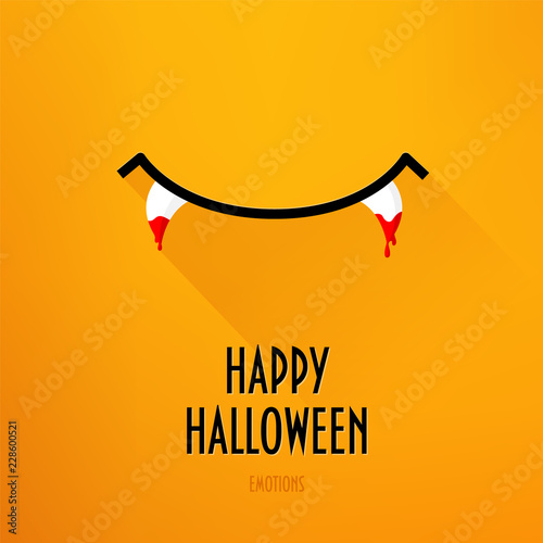 Halloween card with smile and fangs in blood on orange background. Flat design. Vector.