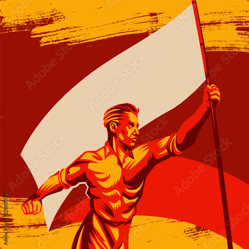 Man holding blank flag vector illustration. Political protest activism patriotism. Revolution raising The Flag	