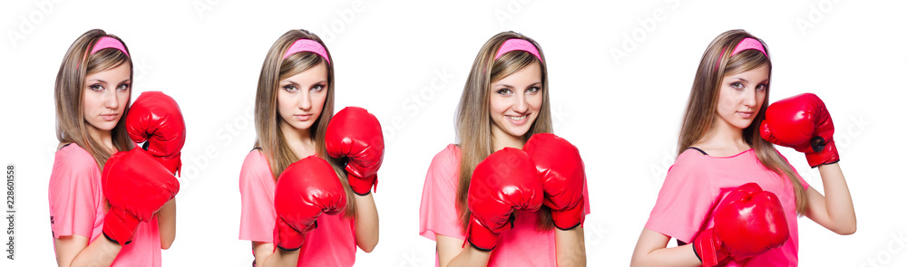 Young lady with boxing gloves on white Young lady with boxing gloves on white