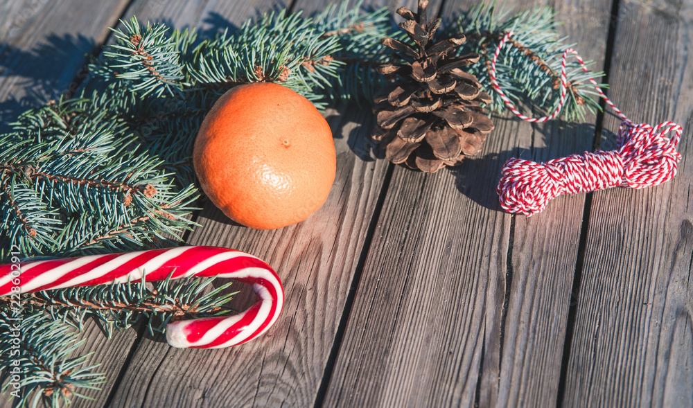 Christmas decorations on wooden background.

