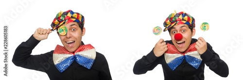 Funny clown with lollipop isolated on white