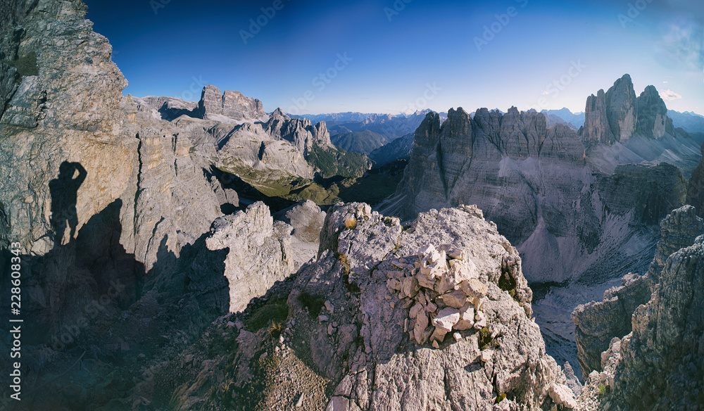 Tre Cime natural park, Dolomites, Italy. Panorama from the top of the mountain Monte Paterno (Paternkofel). Via ferrata, skyline view, Alps.