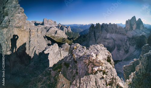 Obraz na płótnie Tre Cime natural park, Dolomites, Italy. Panorama from the top of the mountain Monte Paterno (Paternkofel). Via ferrata, skyline view, Alps. w salonie