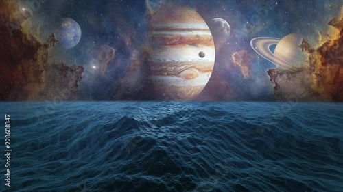 Planets of Solar system Jupiter, Mercury, Saturn, Venus and ocean with big waves. Surrealistic and fantastic animation. Clouds, stars, Orion nebula, sea, waves.  photo