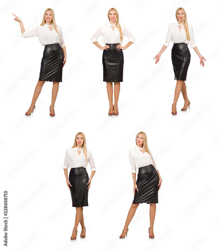 Pretty woman in leather skirt isolated on white Pretty woman in leather skirt isolated on white