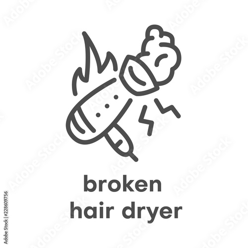 Simple modern line icon.Broken hair dryer sign. Vector illustration. Broken Appliances symbol.