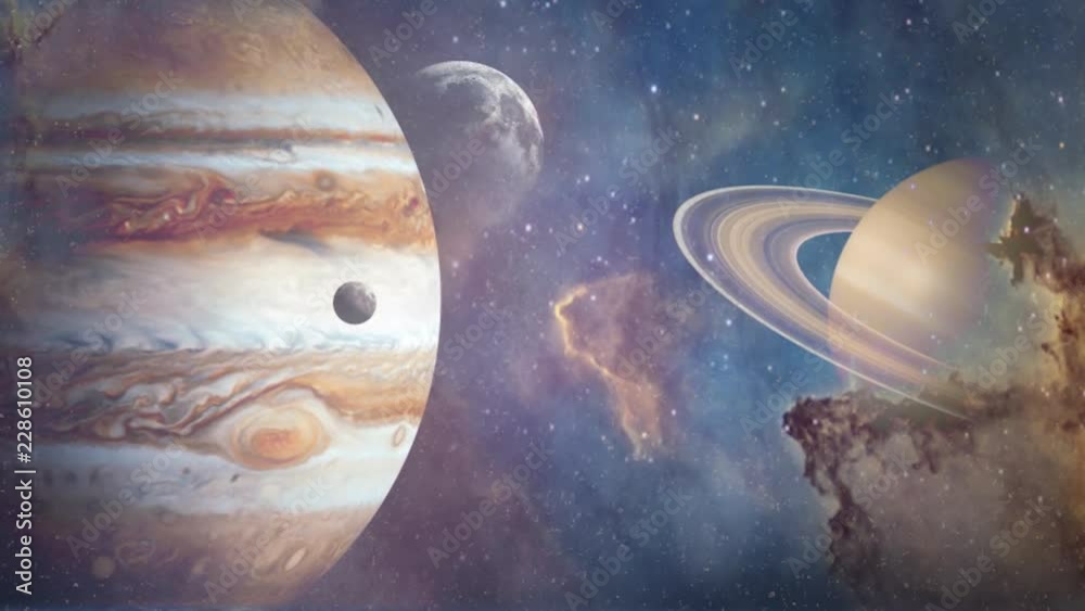 Planets of Solar system Jupiter, Mercury, Saturn, Venus and ocean with big waves. Surrealistic and fantastic animation. Clouds, stars, Orion nebula, sea, waves. 