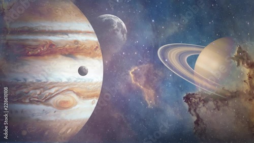 Planets of Solar system Jupiter, Mercury, Saturn, Venus and ocean with big waves. Surrealistic and fantastic animation. Clouds, stars, Orion nebula, sea, waves. 
