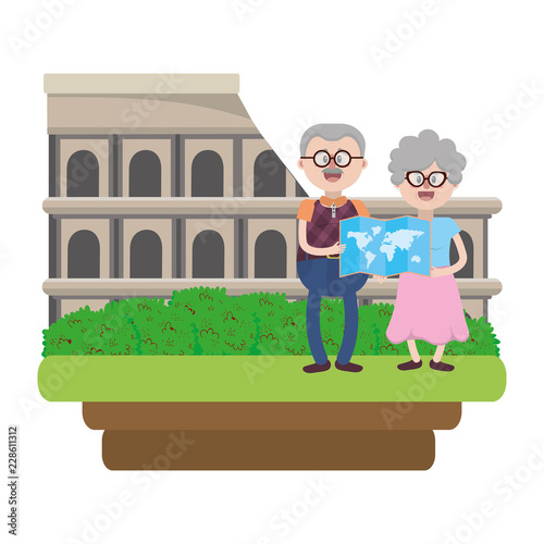 elderly couple sightseeing cartoon