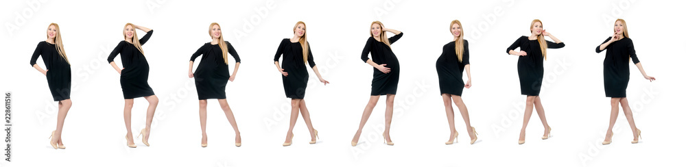 Pretty pregnant woman in mini black dress isolated on white Pretty pregnant woman in mini black dress isolated on white