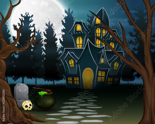 View of a haunted house with a full moon background