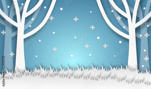 abstract tree on grass in winter season, christmas theme, vector, illustration, paper art style