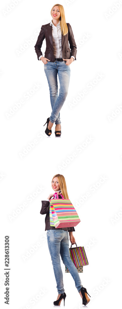 Obraz premium Beautiful woman with shopping bags isolated on white