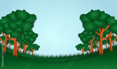 abstract grass landscape with many tree, vector, illustration, paper art style, copy space for text