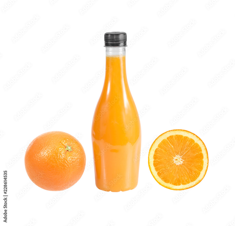 orange with orange juice in the bottle isolated on white orange with orange juice in the bottle isolated on white