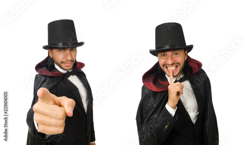 Man magician isolated on white