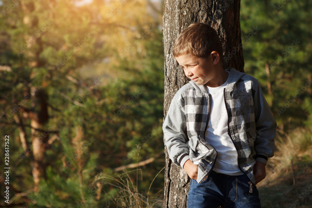 Teen boy in a plaid shirt near a tree in the coniferous autumn forest. Teen boy in a plaid shirt near a tree in the coniferous autumn forest.