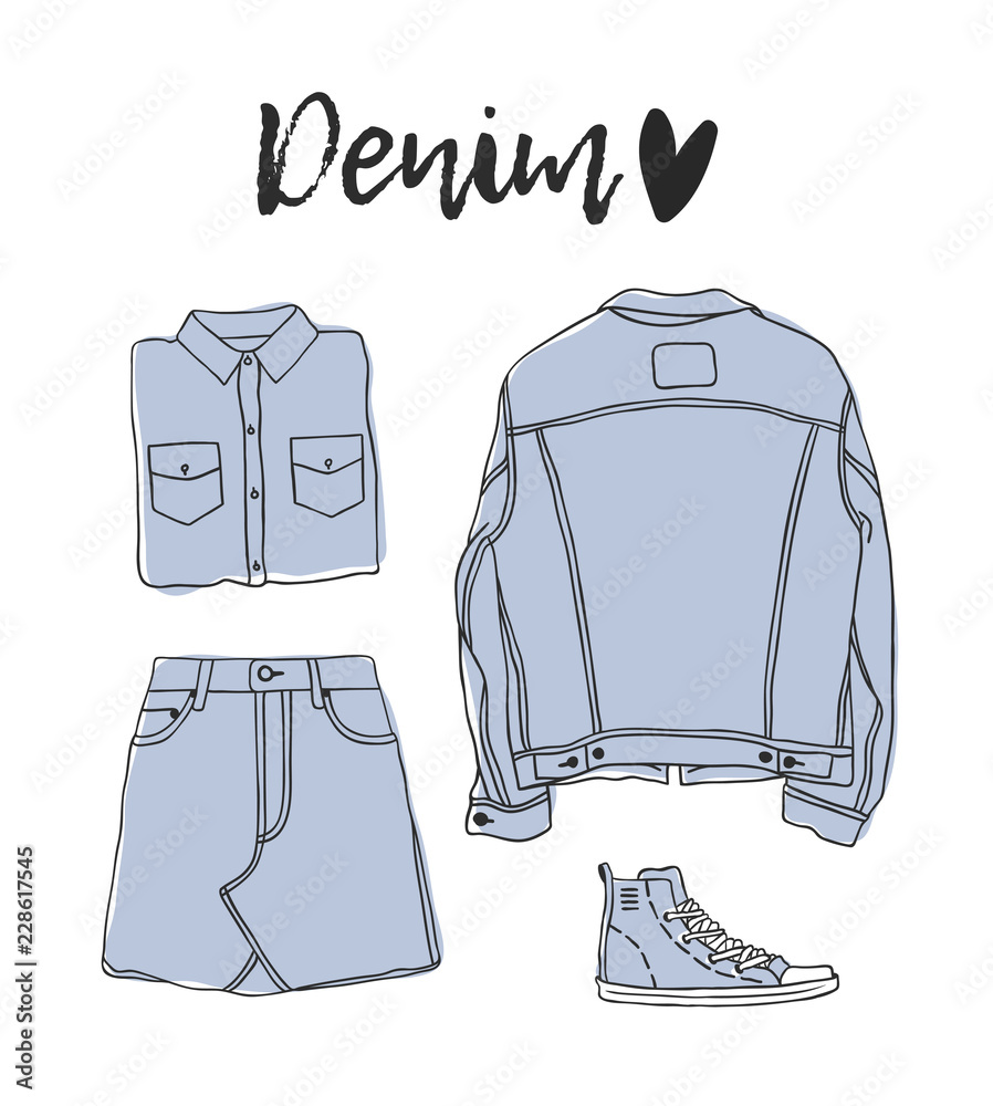 Hand drawn set of Jeans Wear. Fashion vector background. Actual  illustration Denim Outfit. Original doodle style drawing. Creative ink art  work Stock Vector | Adobe Stock