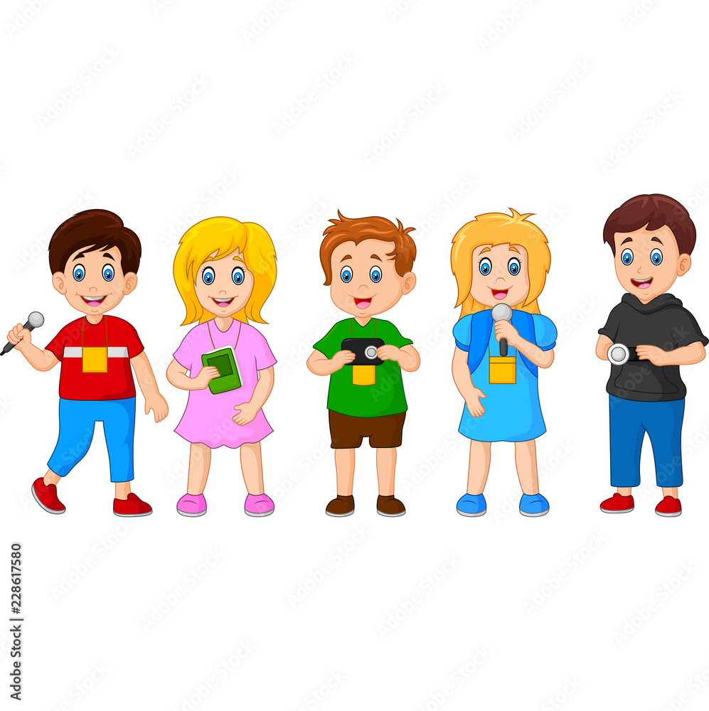 Kids as Little Journalists Holding a Microphone, Notebook and Camera Kids as Little Journalists Holding a Microphone, Notebook and Camera