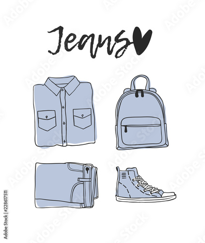 Hand drawn set of Jeans Wear. Fashion vector background. Actual illustration 
 Denim Outfit. Original doodle style drawing. Creative ink art work