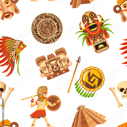 Maya traditional attributes and ancient priceless relics seamless pattern.