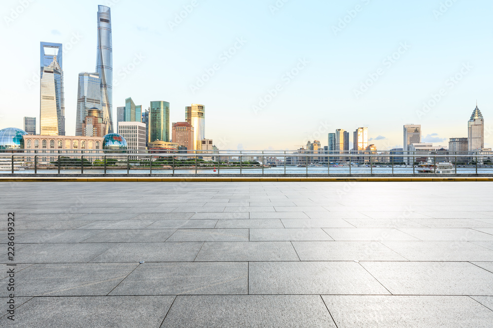 Empty square floor and modern city landmark building scenery in Shanghai