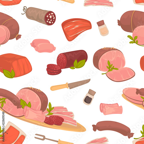 Meat food, steak and sausages with spice in glass bottles vector.