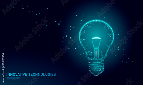 Light bulb idea business concept. Creative active human brain artificial intelligence next level man menthal abilities.Symbol of wisdom. Blue low poly polygonal 3D triangle vector illustration art