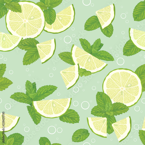 Seamless pattern with green mint leaves and lime slice on green background template. Vector set of herbal element for advertising, packaging design of mint products.