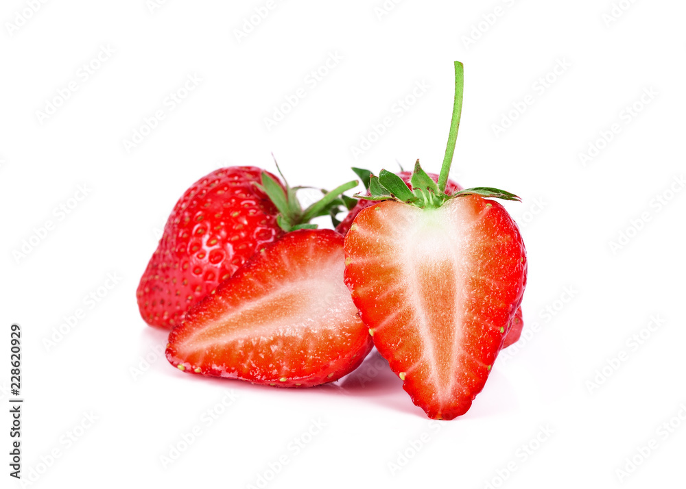 Strawberry with sliced half and leaves on white background Strawberry with sliced half and leaves on white background